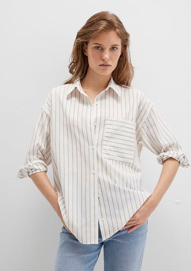  Mavi Çizgili Ekru Gömlek Loose Fit / Bol Rahat Kesim 1211201-83926