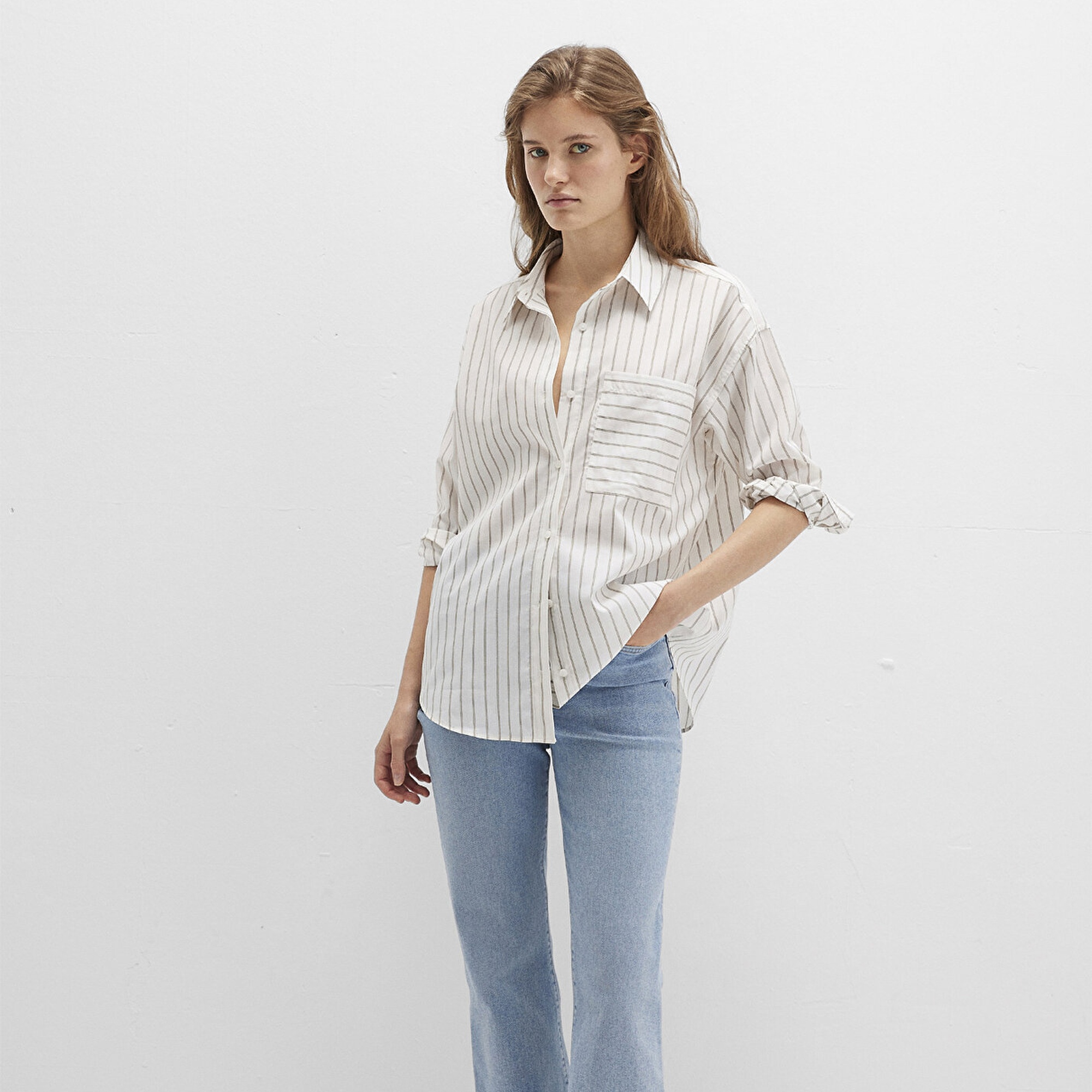 Mavi Çizgili Ekru Gömlek Loose Fit / Bol Rahat Kesim 1211201-83926