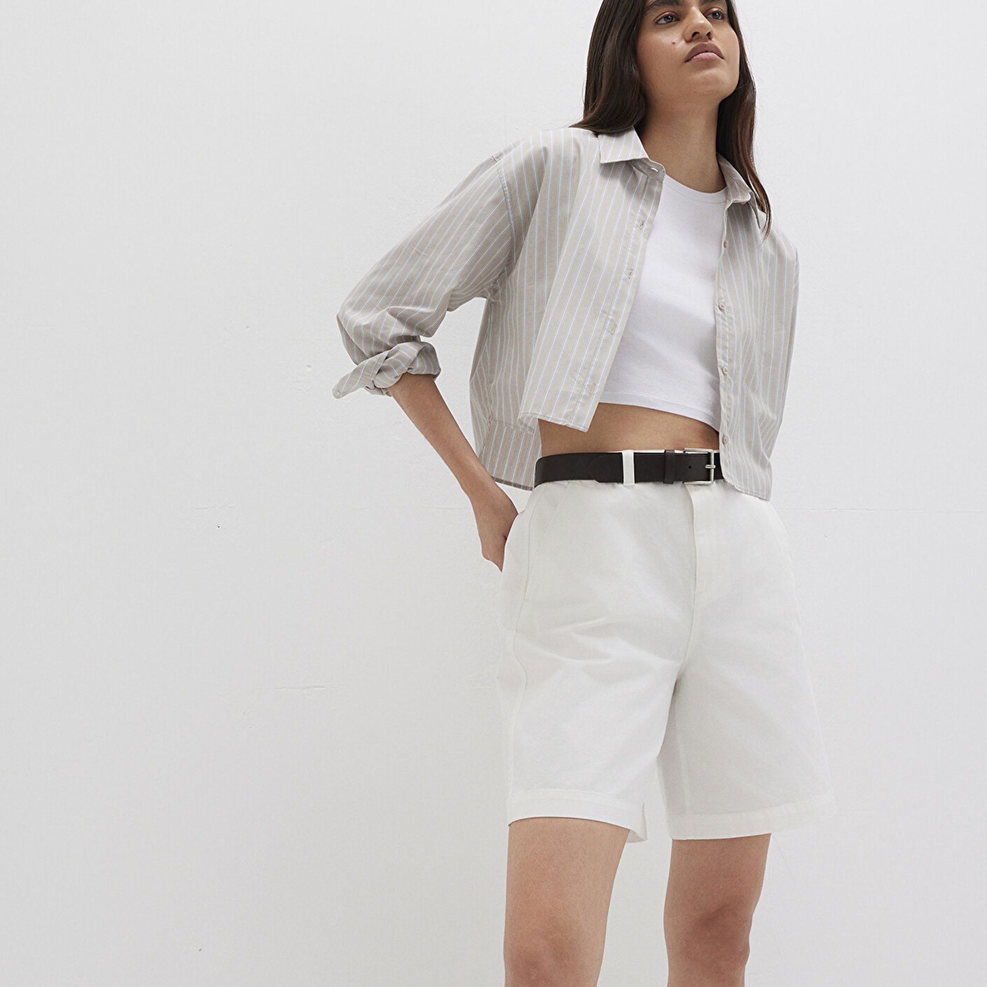 Mavi Çizgili Bej Gömlek Crop / Kısa Kesim 1211184-83980