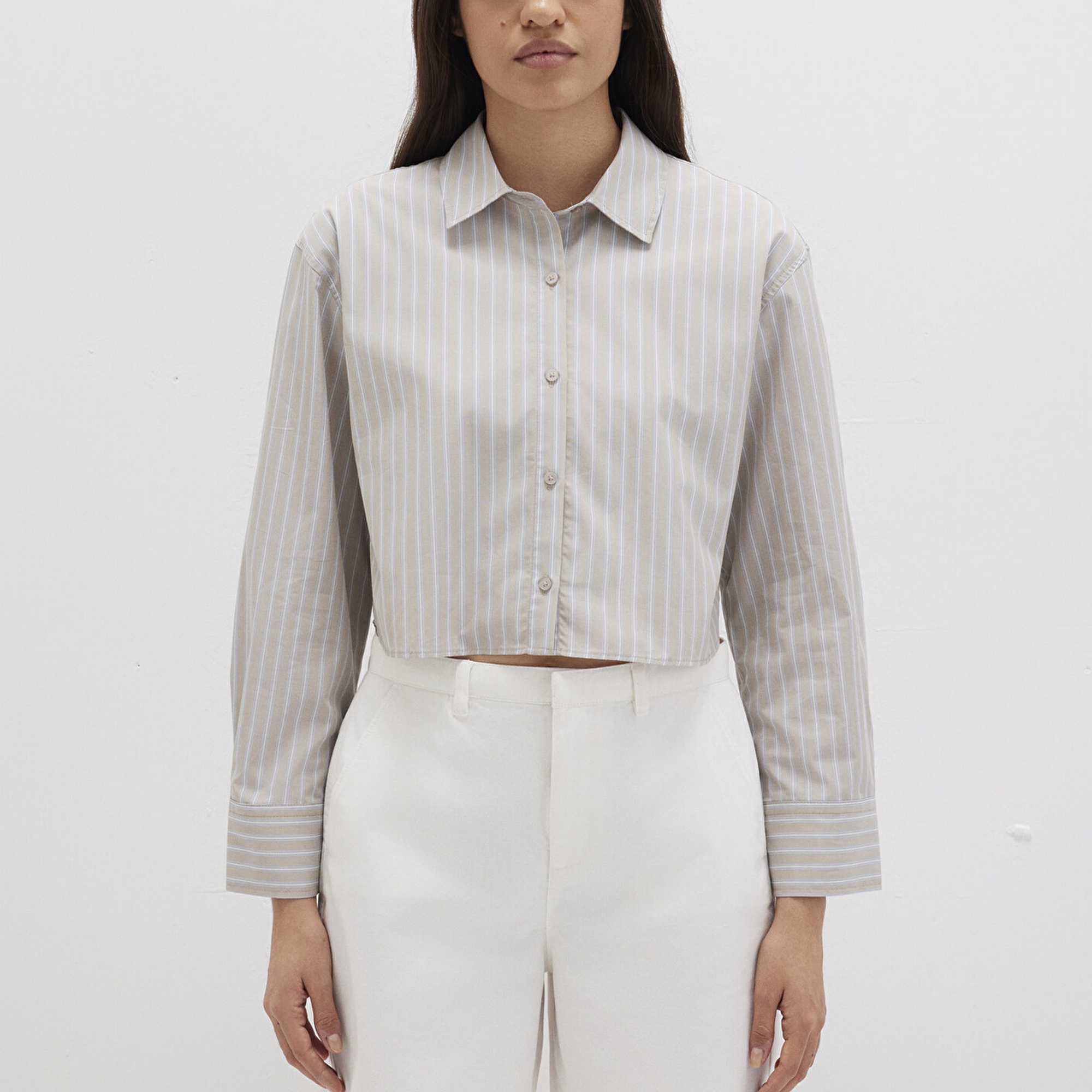 Mavi Çizgili Bej Gömlek Crop / Kısa Kesim 1211184-83980