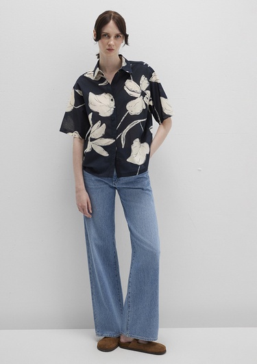  Mavi Baskılı Siyah Gömlek Loose Fit / Bol Rahat Kesim 1211187-90716