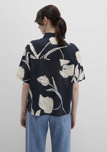  Mavi Baskılı Siyah Gömlek Loose Fit / Bol Rahat Kesim 1211187-90716