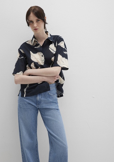  Mavi Baskılı Siyah Gömlek Loose Fit / Bol Rahat Kesim 1211187-90716