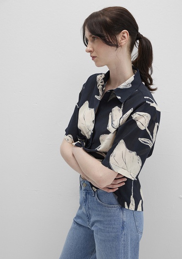  Mavi Baskılı Siyah Gömlek Loose Fit / Bol Rahat Kesim 1211187-90716