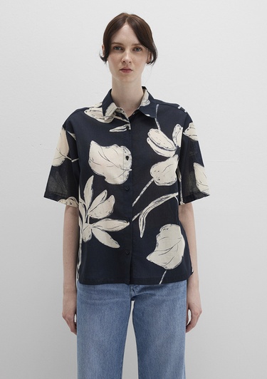  Mavi Baskılı Siyah Gömlek Loose Fit / Bol Rahat Kesim 1211187-90716