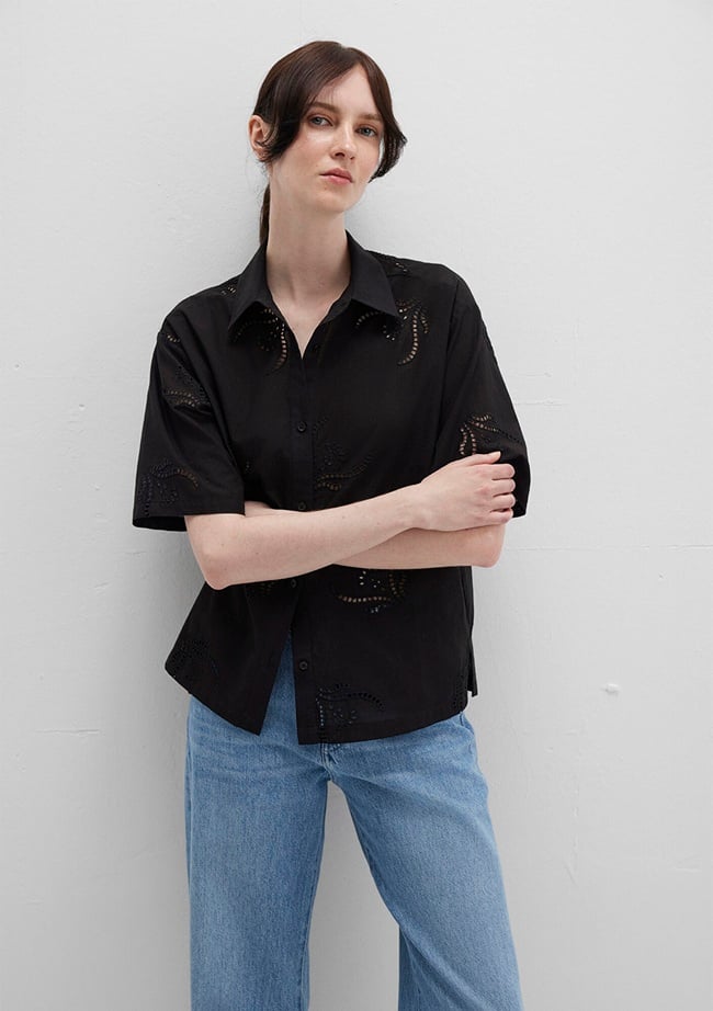  Mavi Brode Detaylı Siyah Gömlek Loose Fit / Bol Rahat Kesim 1211186-900