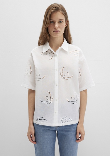  Mavi Brode Detaylı Beyaz Gömlek Loose Fit / Bol Rahat Kesim 1211186-70057