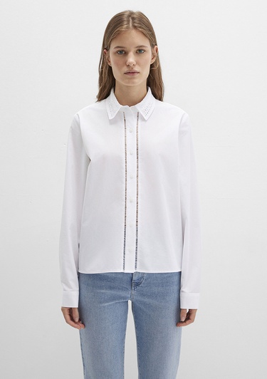  Mavi Nakışlı Şerit Detaylı Beyaz Gömlek Regular Fit / Normal Kesim 1211174-70057