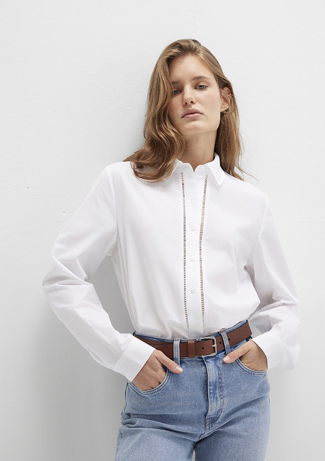  Mavi Nakışlı Şerit Detaylı Beyaz Gömlek Regular Fit / Normal Kesim 1211174-70057