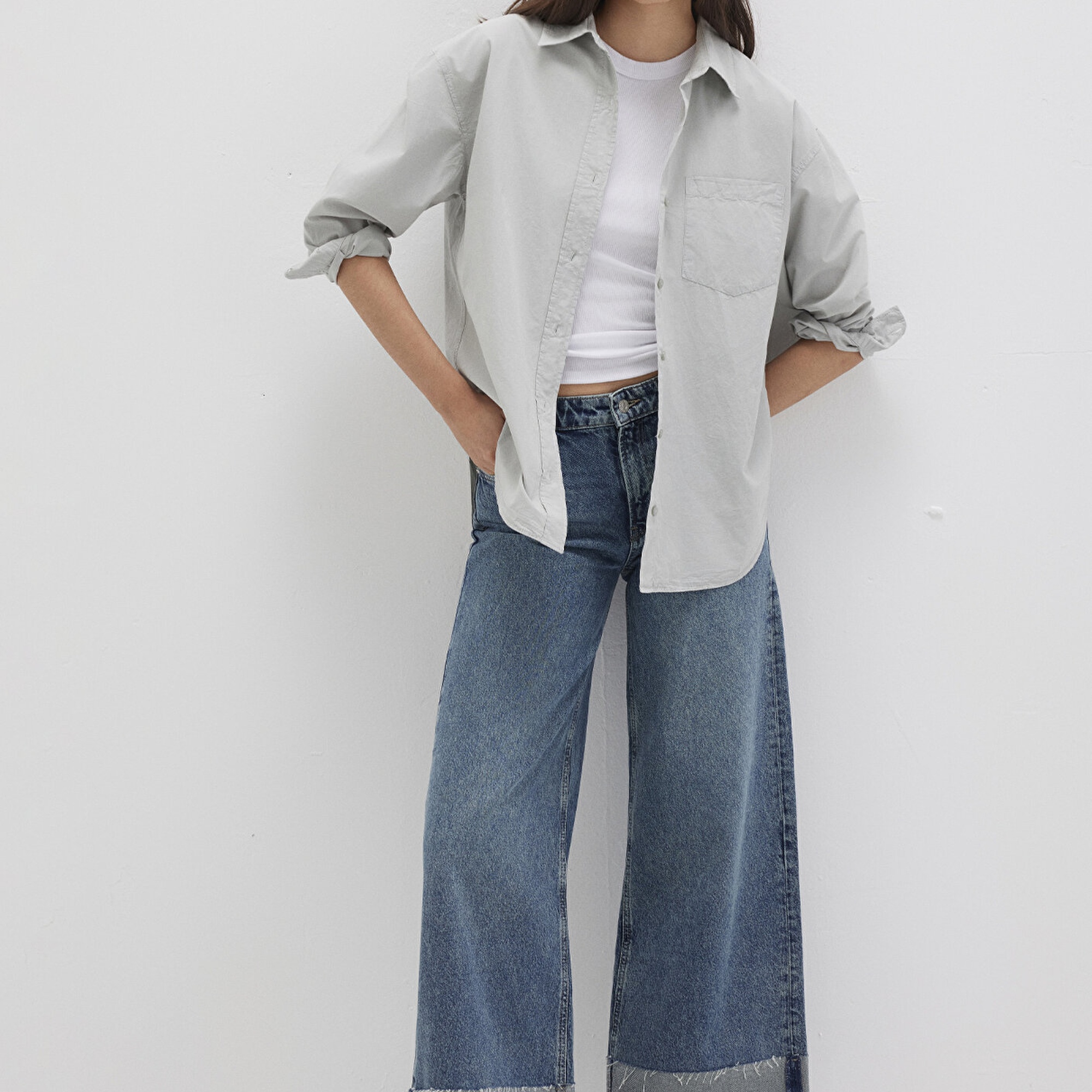 Mavi Gri Gömlek Loose Fit / Bol Rahat Kesim 1211180-70075