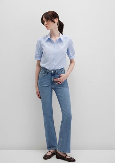  Mavi Kısa Kollu Çizgili Mavi Gömlek Fitted / Vücuda Oturan Kesim 1210060-90700