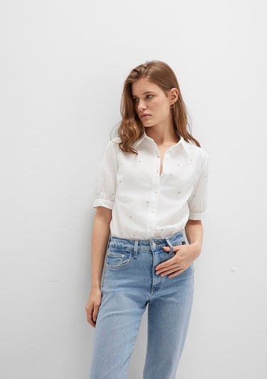  Mavi Çiçek Baskılı Beyaz Gömlek Fitted / Vücuda Oturan Kesim 1210060-90701