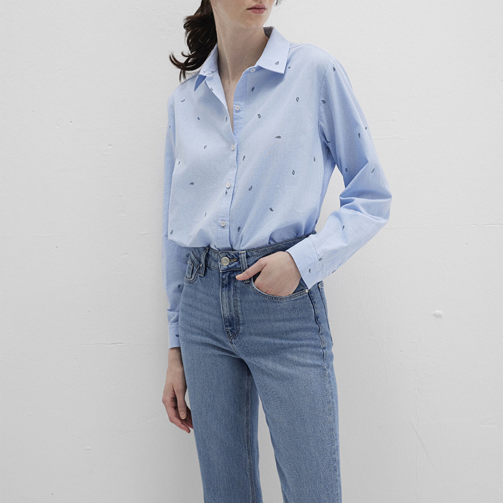 Mavi Mini Baskılı Mavi Gömlek Loose Fit / Bol Rahat Kesim 1210030-84655