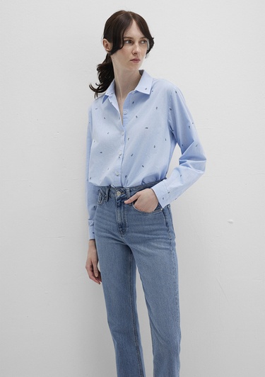  Mavi Mini Baskılı Mavi Gömlek Loose Fit / Bol Rahat Kesim 1210030-84655