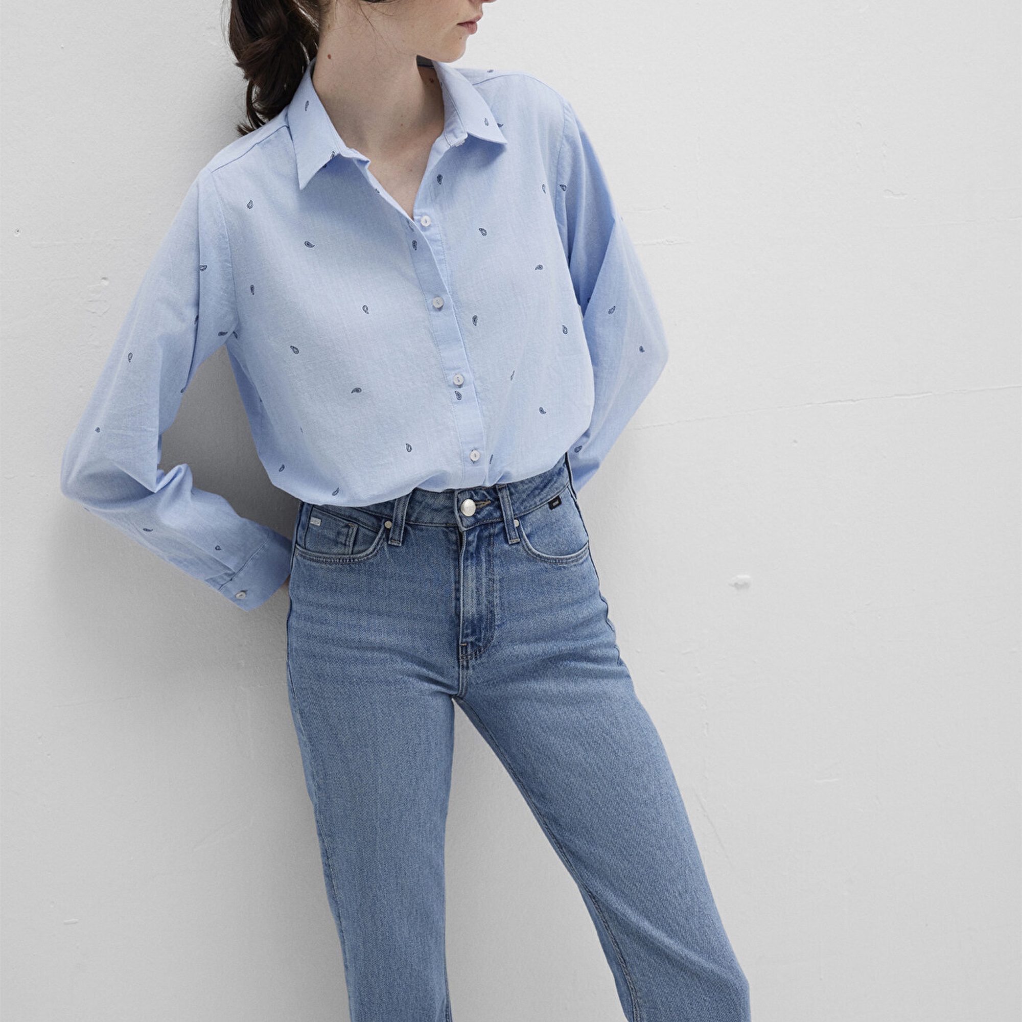 Mavi Mini Baskılı Mavi Gömlek Loose Fit / Bol Rahat Kesim 1210030-84655