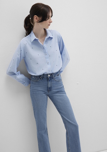  Mavi Mini Baskılı Mavi Gömlek Loose Fit / Bol Rahat Kesim 1210030-84655