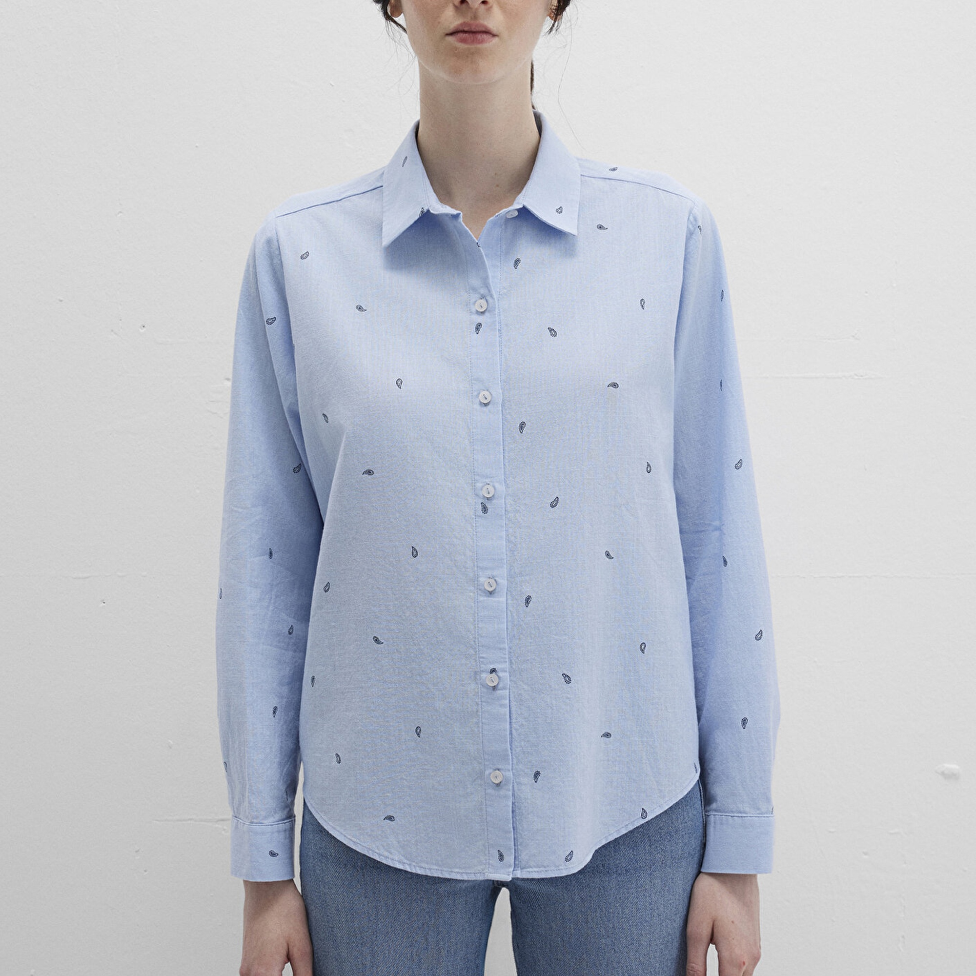 Mavi Mini Baskılı Mavi Gömlek Loose Fit / Bol Rahat Kesim 1210030-84655