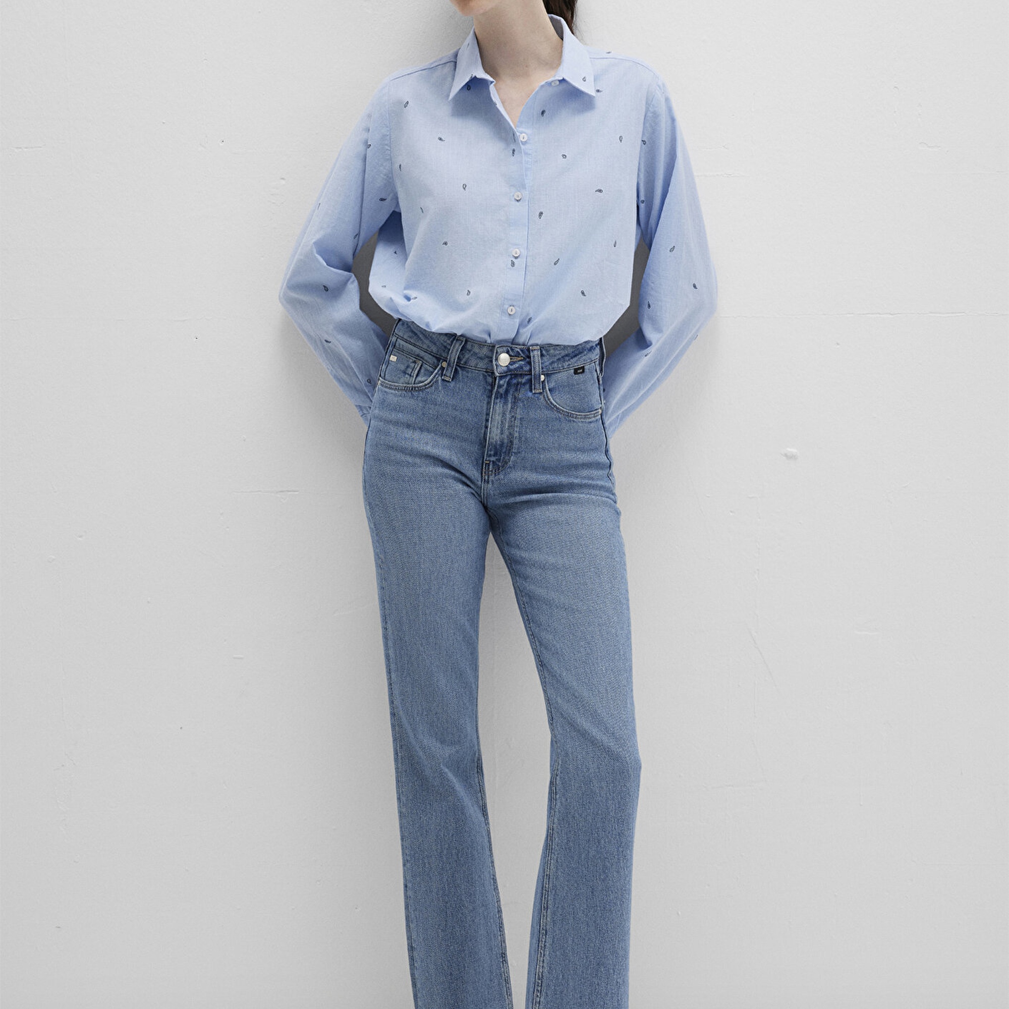 Mavi Mini Baskılı Mavi Gömlek Loose Fit / Bol Rahat Kesim 1210030-84655