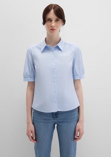  Mavi Kısa Kollu Çizgili Mavi Gömlek Fitted / Vücuda Oturan Kesim 1210060-90700