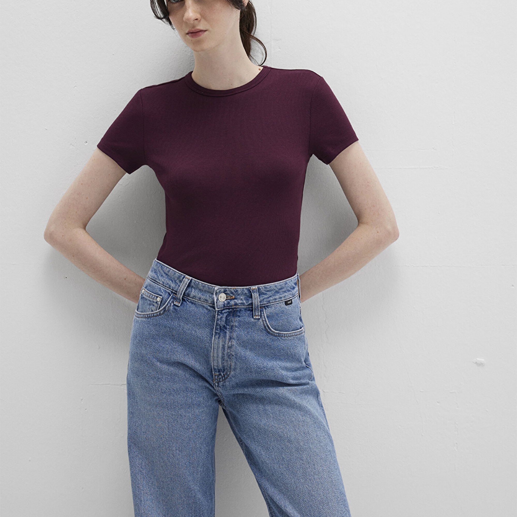 Mavi Bordo Basic Tişört Fitted / Vücuda Oturan Kesim 1613081-70434