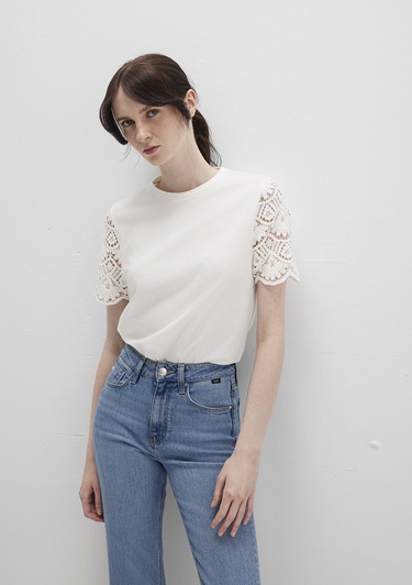  Mavi Dantel Detaylı Ekru Tişört Regular Fit / Normal Kesim 1613515-70057