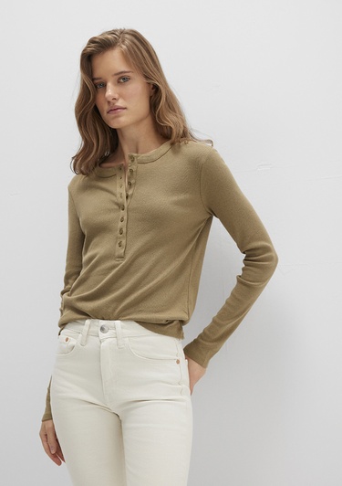  Mavi Düğme Detaylı Haki Tişört Slim Fit / Dar Kesim 1613401-71567