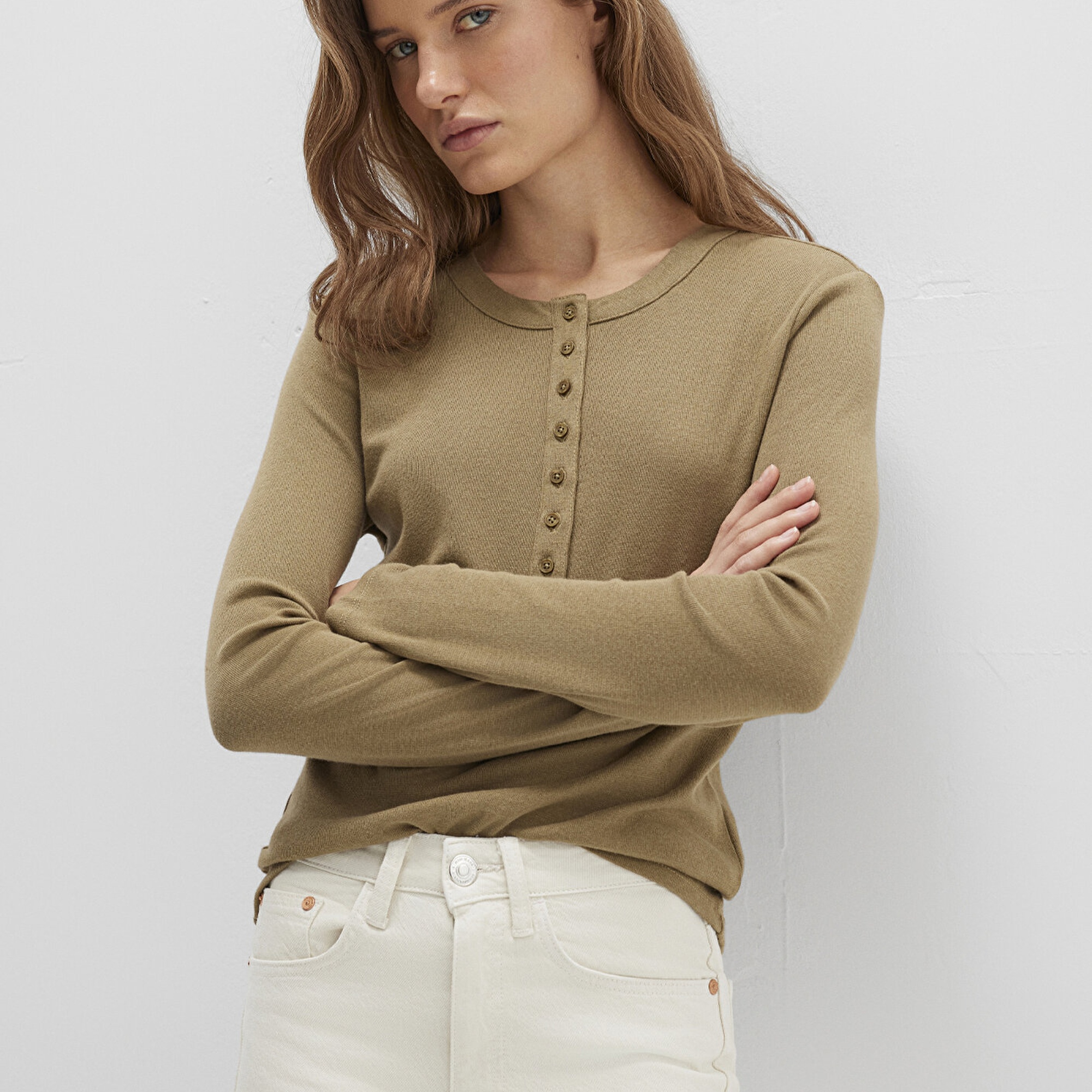 Mavi Düğme Detaylı Haki Tişört Slim Fit / Dar Kesim 1613401-71567