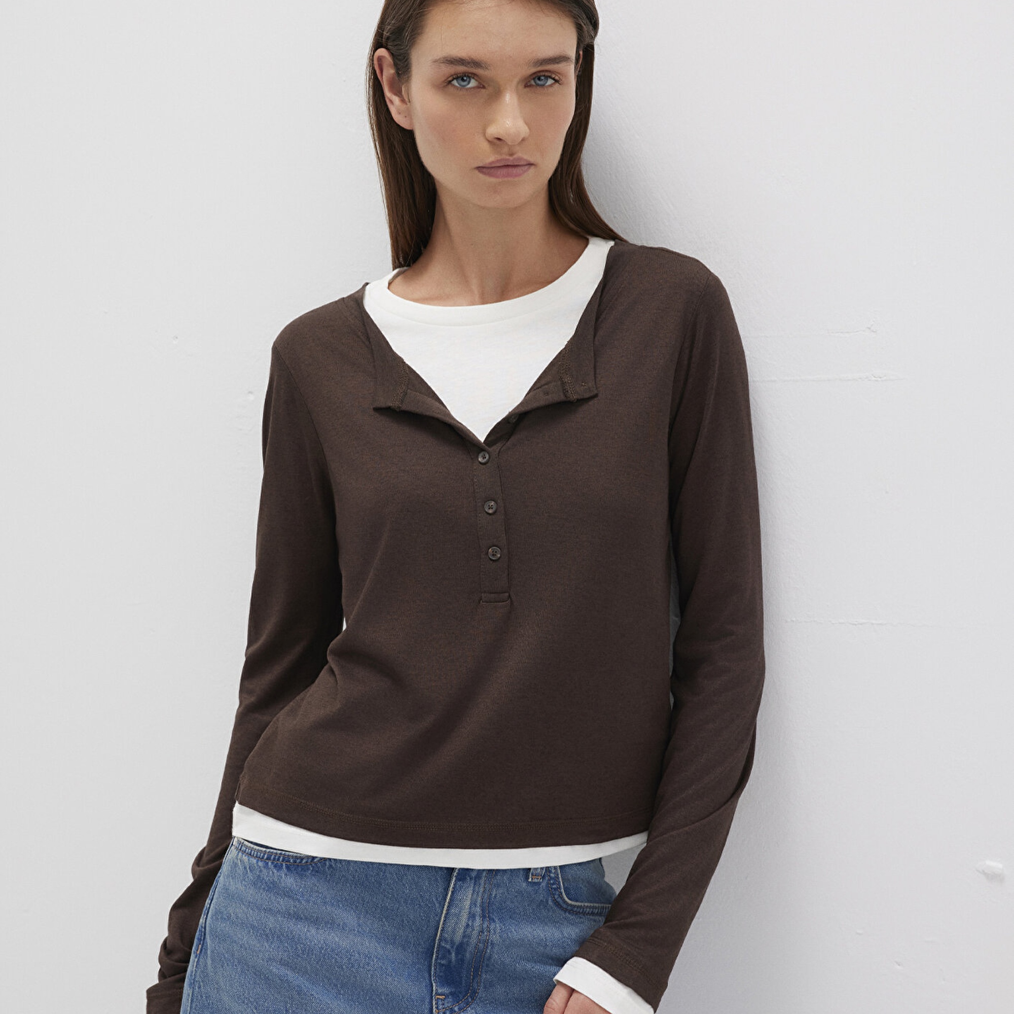 Mavi Kahverengi Uzun Kollu Tişört Semi Slim Fit / Yarı Dar Kesim 1613400-88067