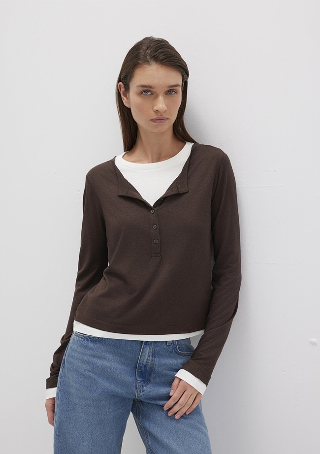  Mavi Kahverengi Uzun Kollu Tişört Semi Slim Fit / Yarı Dar Kesim 1613400-88067