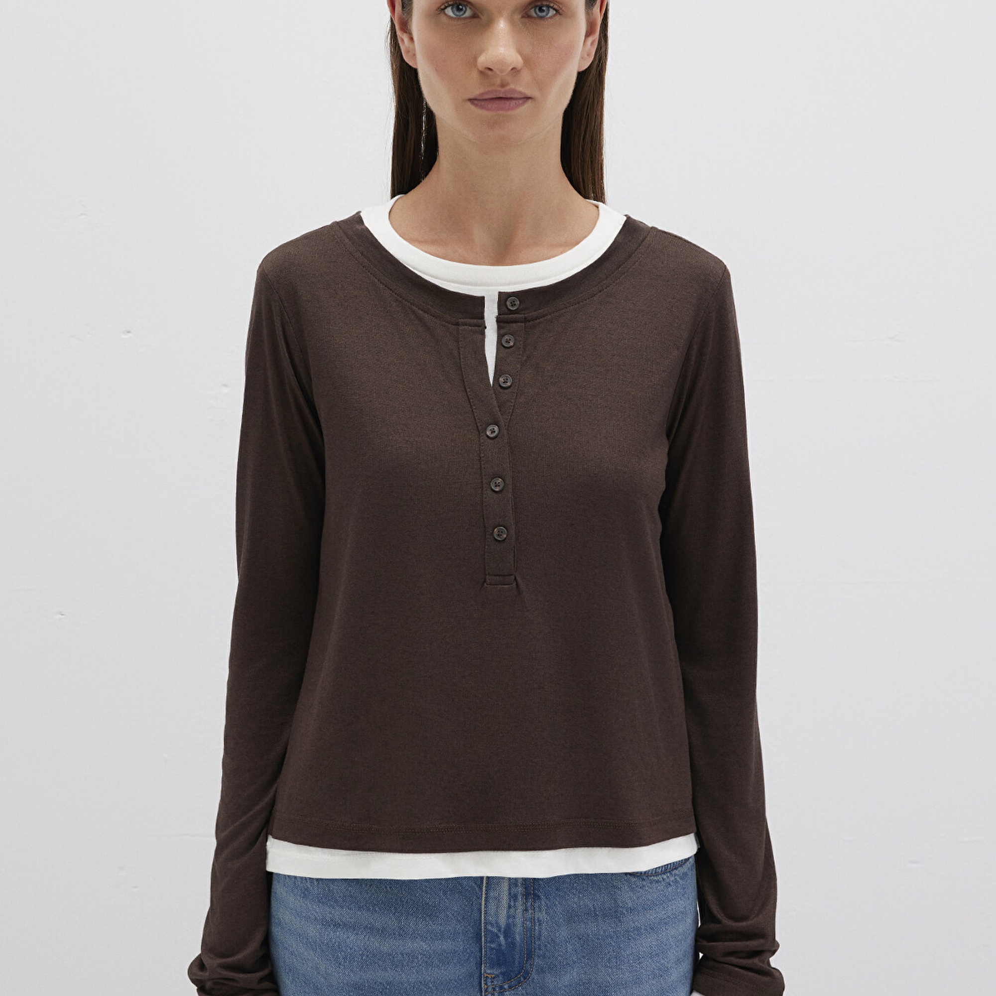 Mavi Kahverengi Uzun Kollu Tişört Semi Slim Fit / Yarı Dar Kesim 1613400-88067