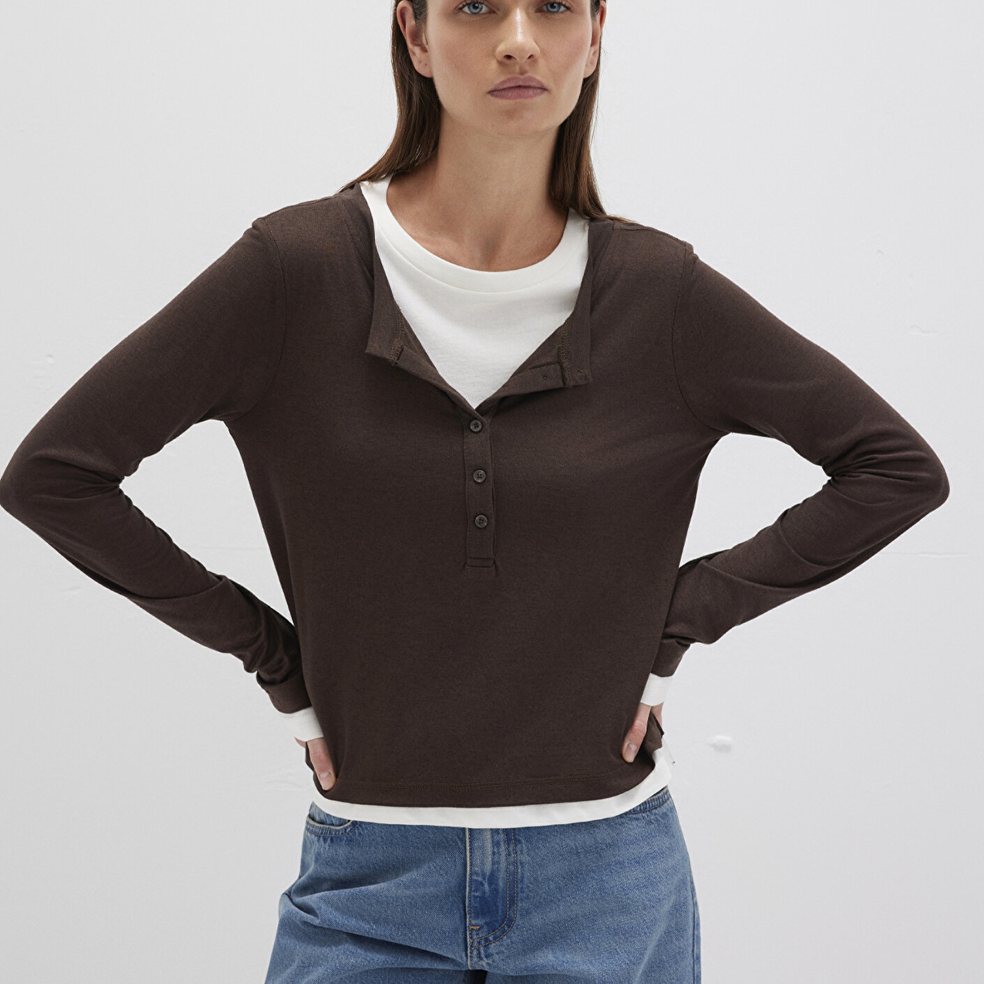 Mavi Kahverengi Uzun Kollu Tişört Semi Slim Fit / Yarı Dar Kesim 1613400-88067