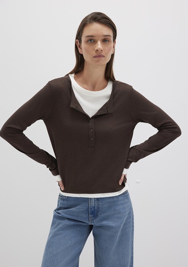  Mavi Kahverengi Uzun Kollu Tişört Semi Slim Fit / Yarı Dar Kesim 1613400-88067