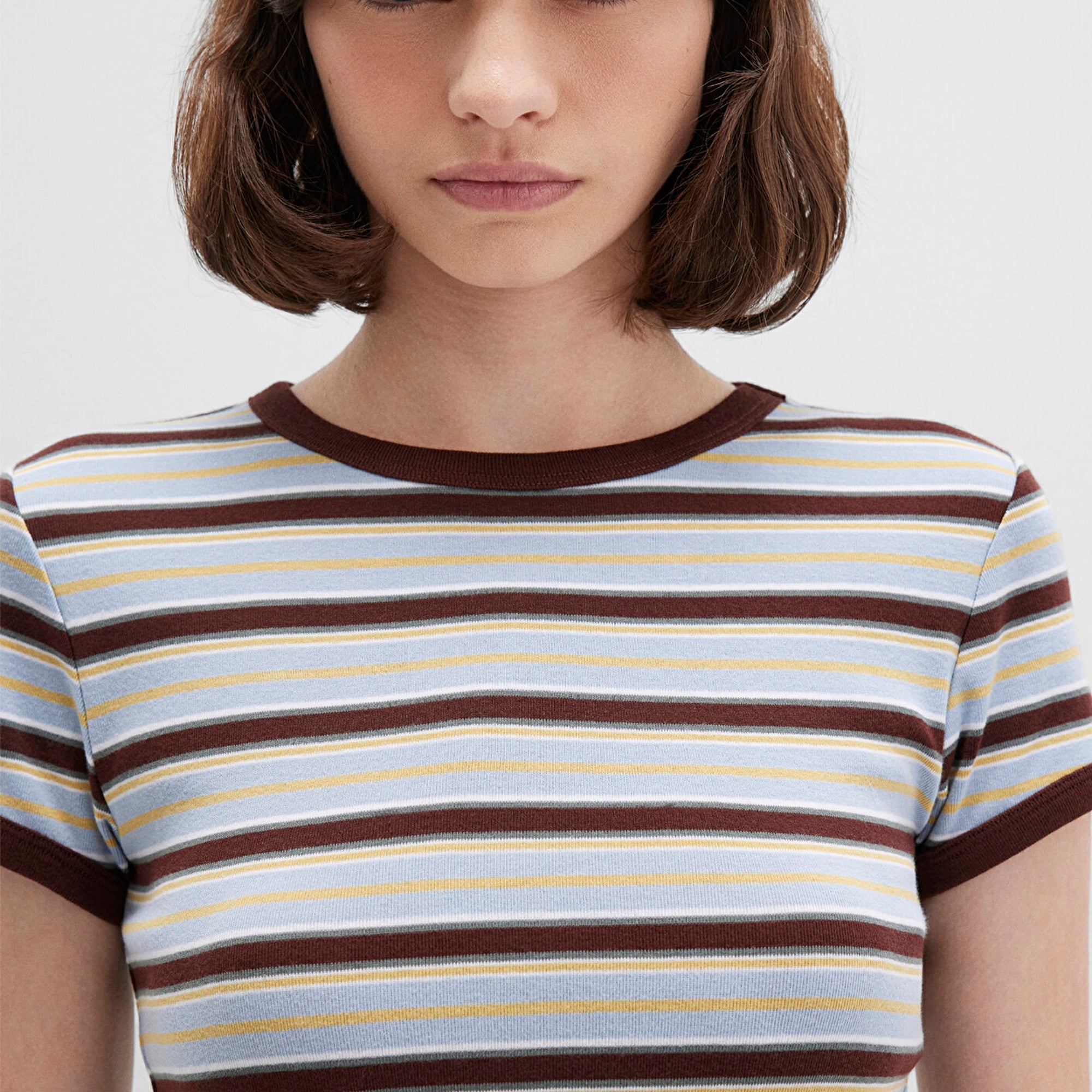 Mavi Kahverengi Çizgili Tişört Fitted / Vücuda Oturan Kesim 1613378-90735