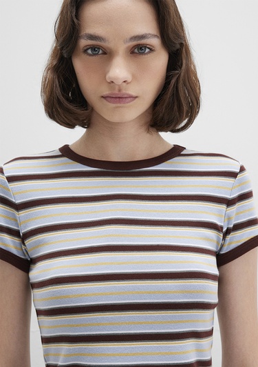 Mavi Kahverengi Çizgili Tişört Fitted / Vücuda Oturan Kesim 1613378-90735