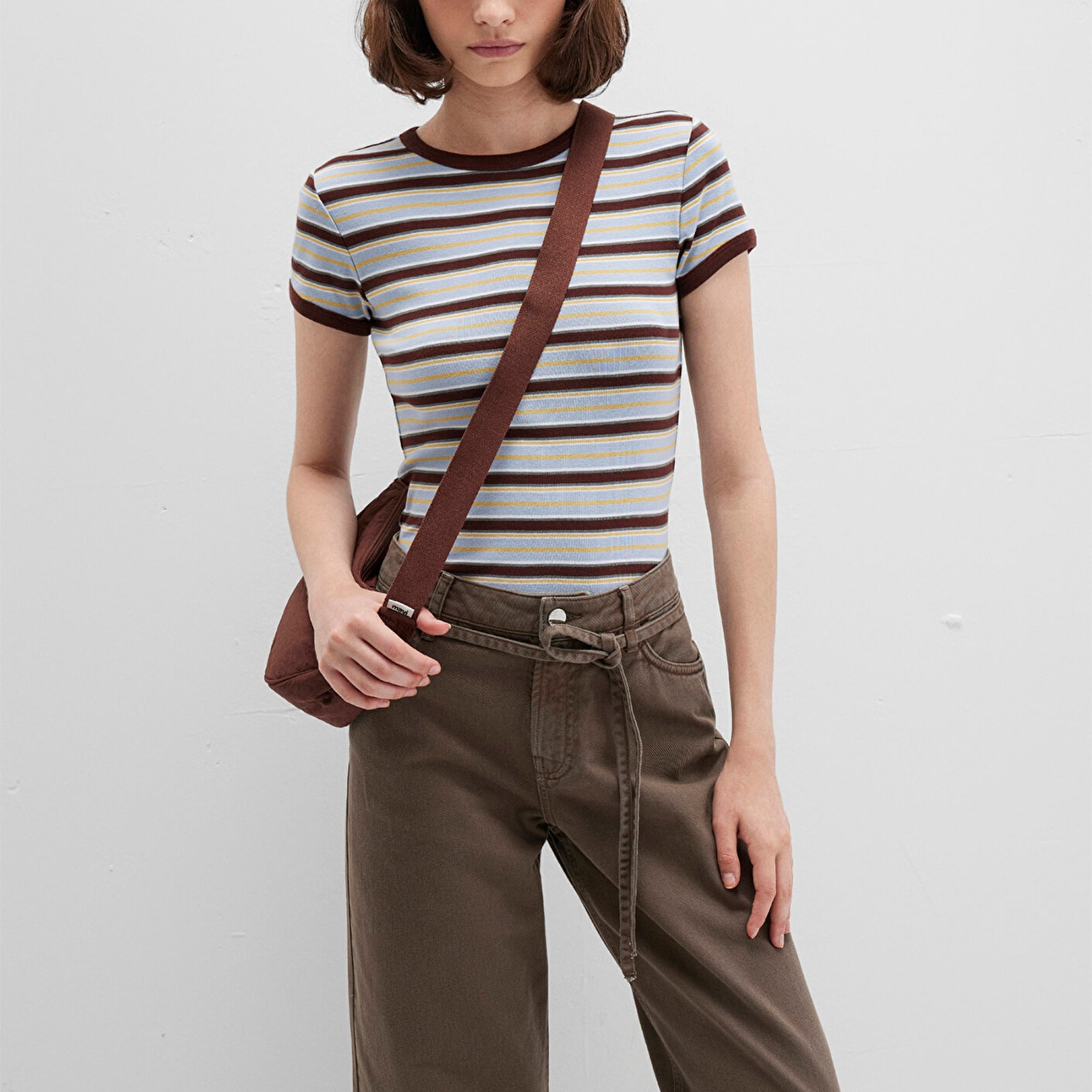 Mavi Kahverengi Çizgili Tişört Fitted / Vücuda Oturan Kesim 1613378-90735