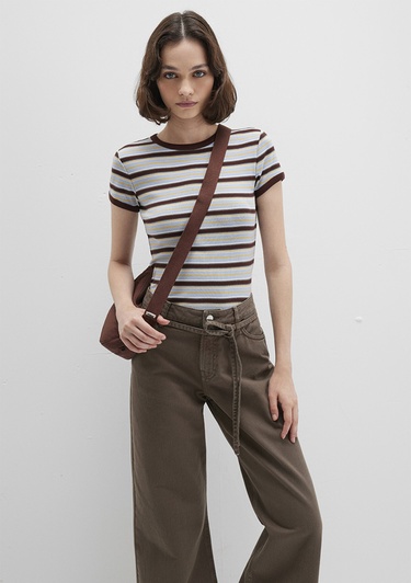  Mavi Kahverengi Çizgili Tişört Fitted / Vücuda Oturan Kesim 1613378-90735