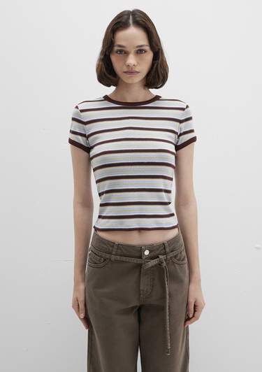  Mavi Kahverengi Çizgili Tişört Fitted / Vücuda Oturan Kesim 1613378-90735