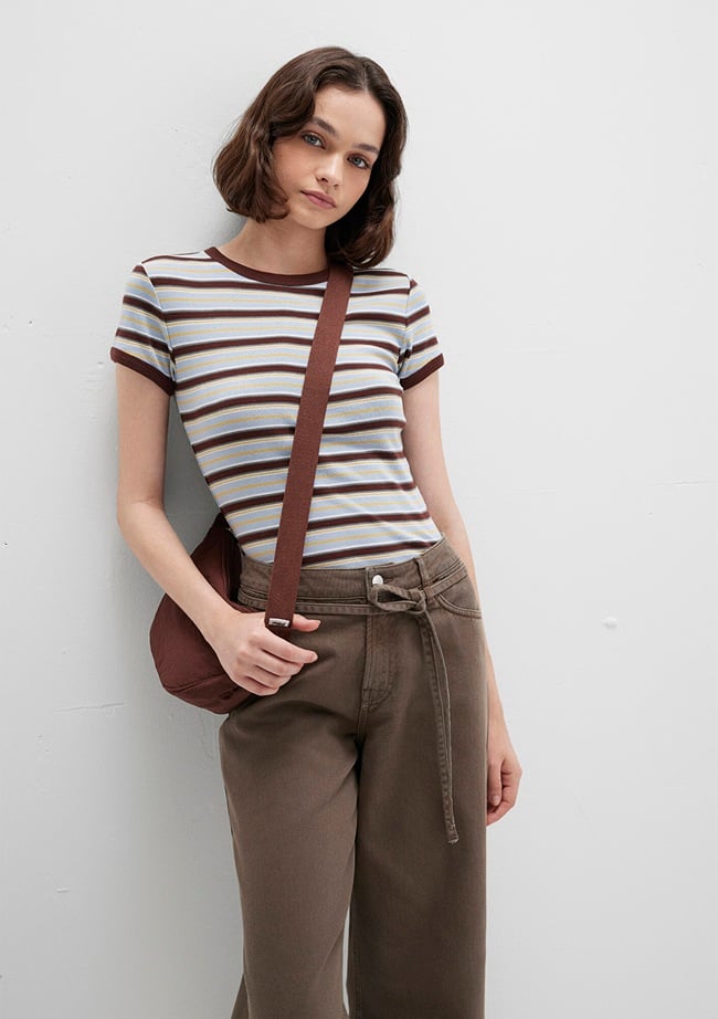  Mavi Kahverengi Çizgili Tişört Fitted / Vücuda Oturan Kesim 1613378-90735