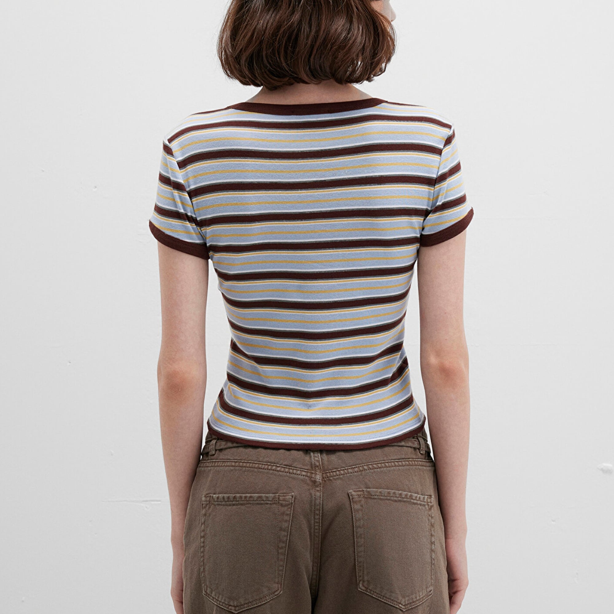 Mavi Kahverengi Çizgili Tişört Fitted / Vücuda Oturan Kesim 1613378-90735
