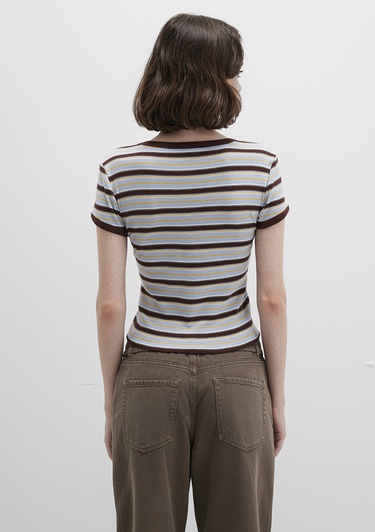  Mavi Kahverengi Çizgili Tişört Fitted / Vücuda Oturan Kesim 1613378-90735