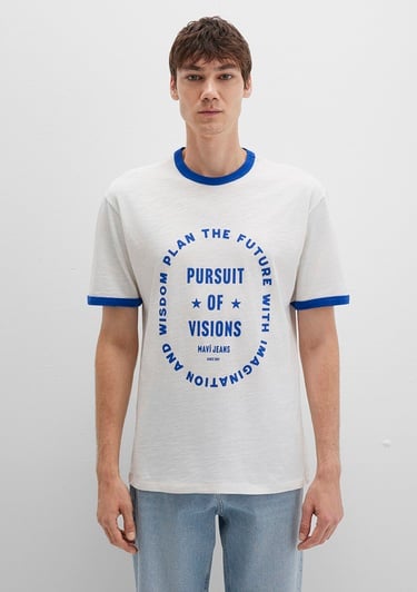  Mavi Biye Detaylı Beyaz Tişört Loose Fit / Bol Rahat Kesim 0612954-70057