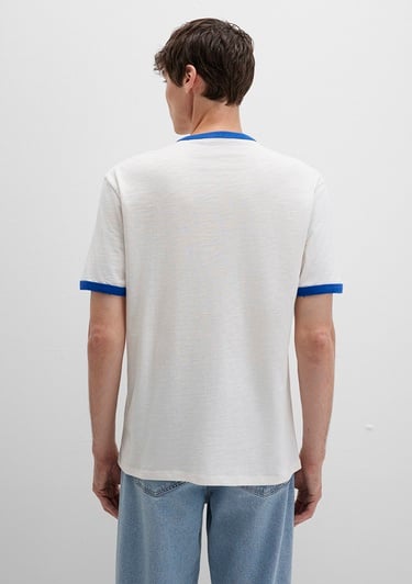  Mavi Biye Detaylı Beyaz Tişört Loose Fit / Bol Rahat Kesim 0612954-70057