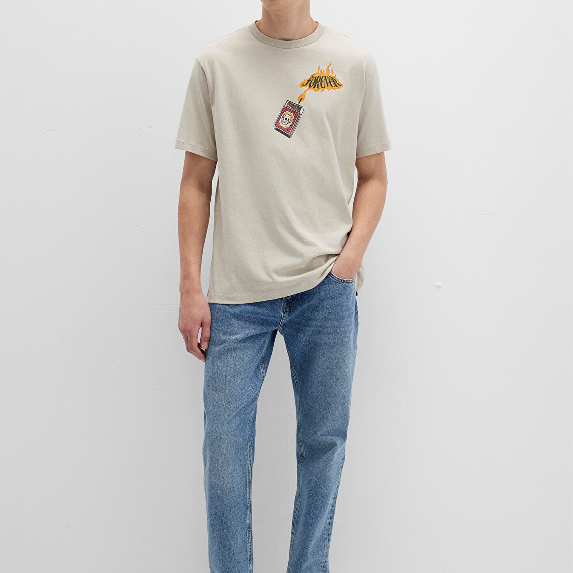 Mavi Forever Baskılı Bej Tişört Loose Fit / Bol Rahat Kesim 0612930-70322