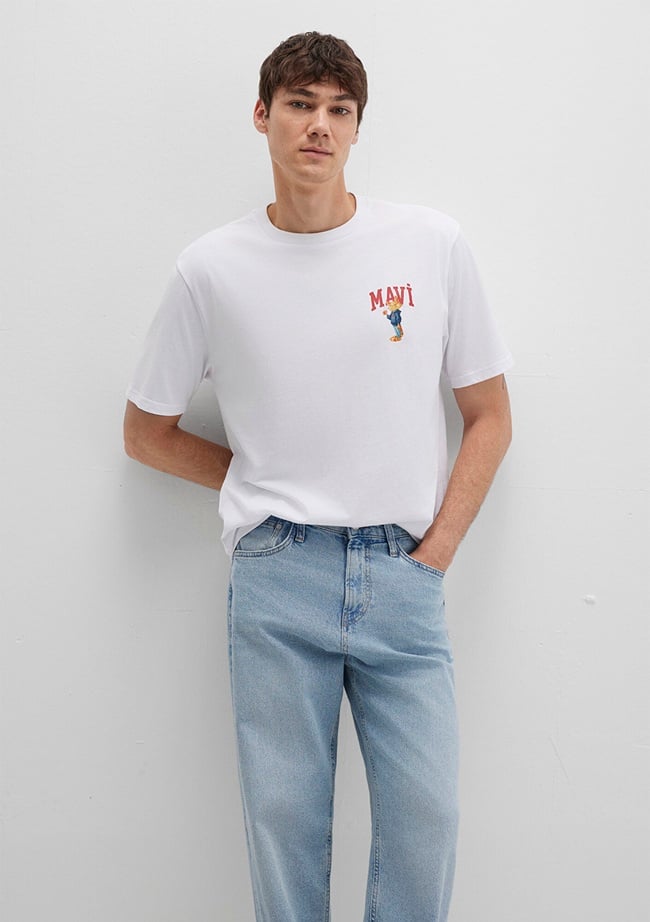  Mavi Mavi Kedi Baskılı Beyaz Tişört Loose Fit / Bol Rahat Kesim 0612861-620