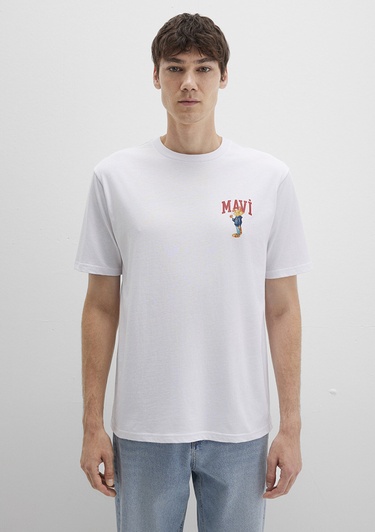  Mavi Mavi Kedi Baskılı Beyaz Tişört Loose Fit / Bol Rahat Kesim 0612861-620