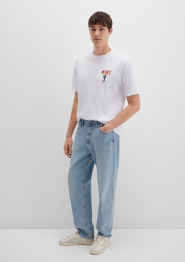  Mavi Mavi Kedi Baskılı Beyaz Tişört Loose Fit / Bol Rahat Kesim 0612861-620