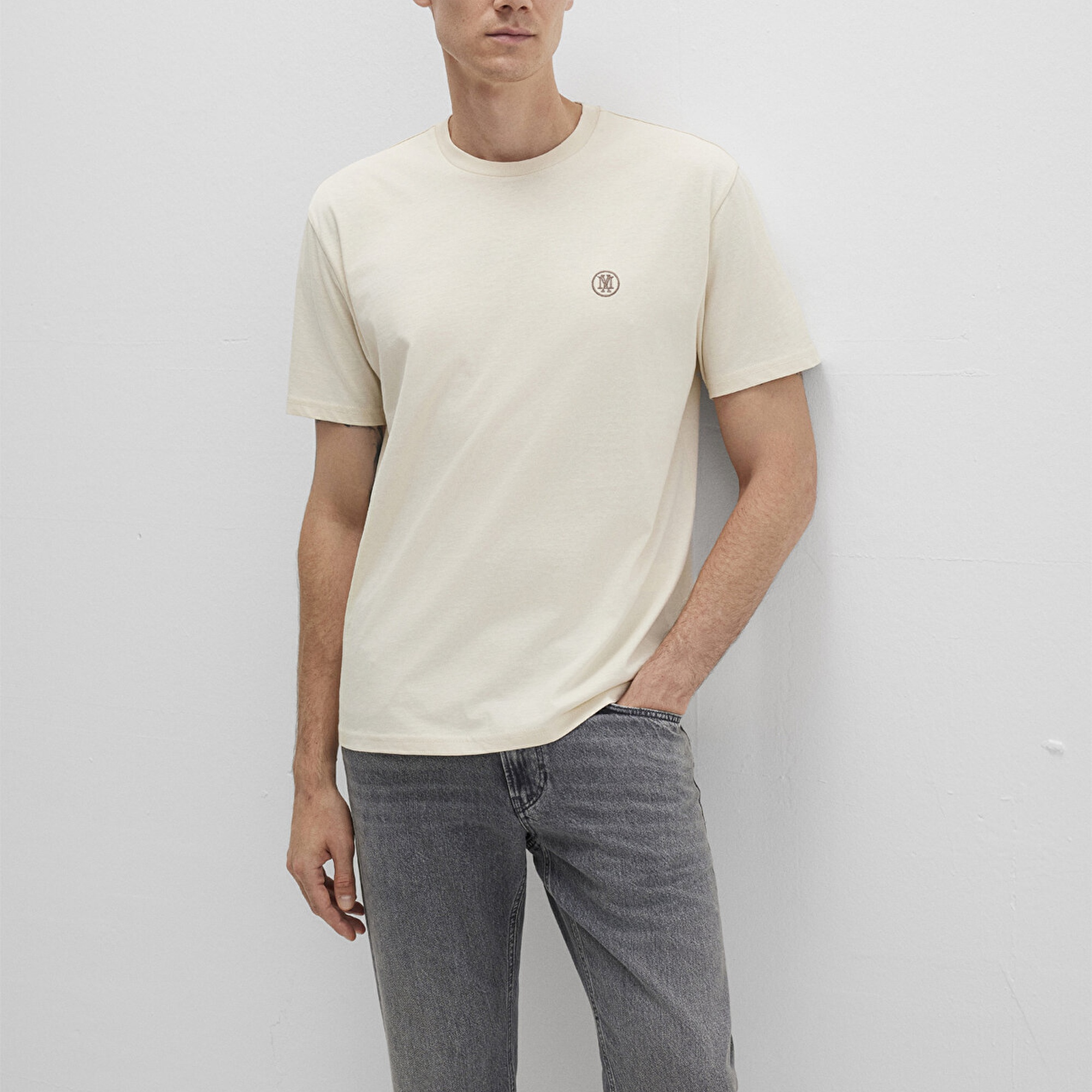 Mavi Mavi Logo İşlemeli Bej Basic Tişört Loose Fit / Bol Rahat Kesim 067074-70072