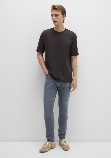  Mavi Bisiklet Yaka Kahverengi Basic Tişört Loose Fit / Bol Rahat Kesim 0611596-70219