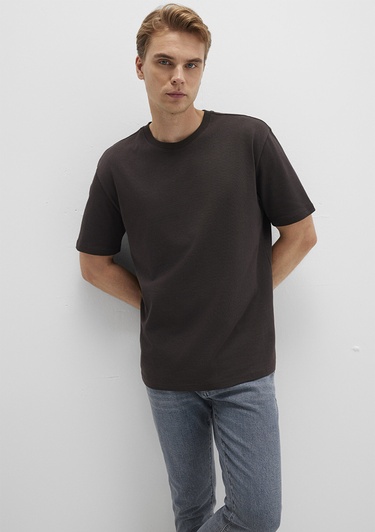  Mavi Bisiklet Yaka Kahverengi Basic Tişört Loose Fit / Bol Rahat Kesim 0611596-70219