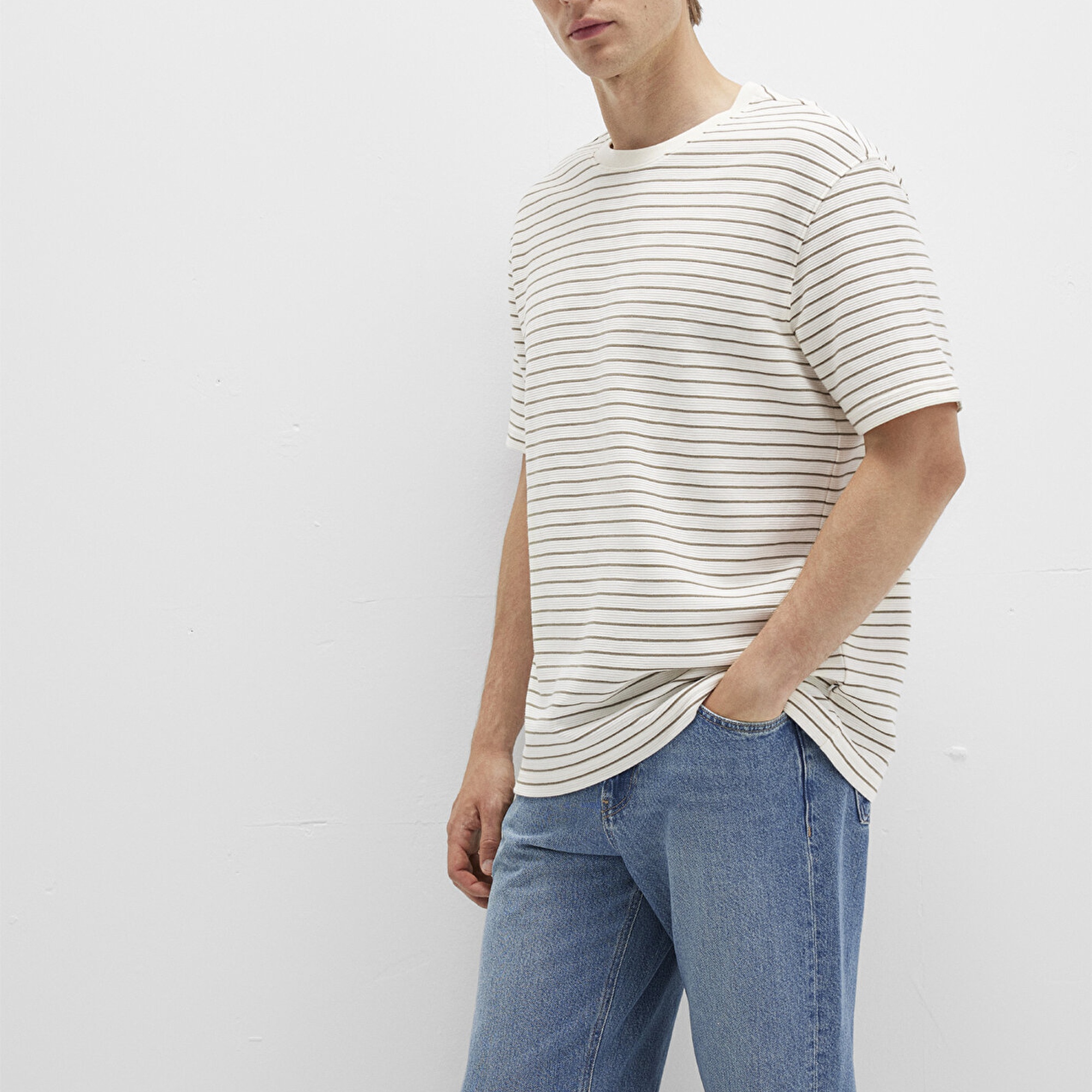 Mavi Kahverengi Çizgili Tişört Loose Fit / Bol Rahat Kesim 0612831-71816